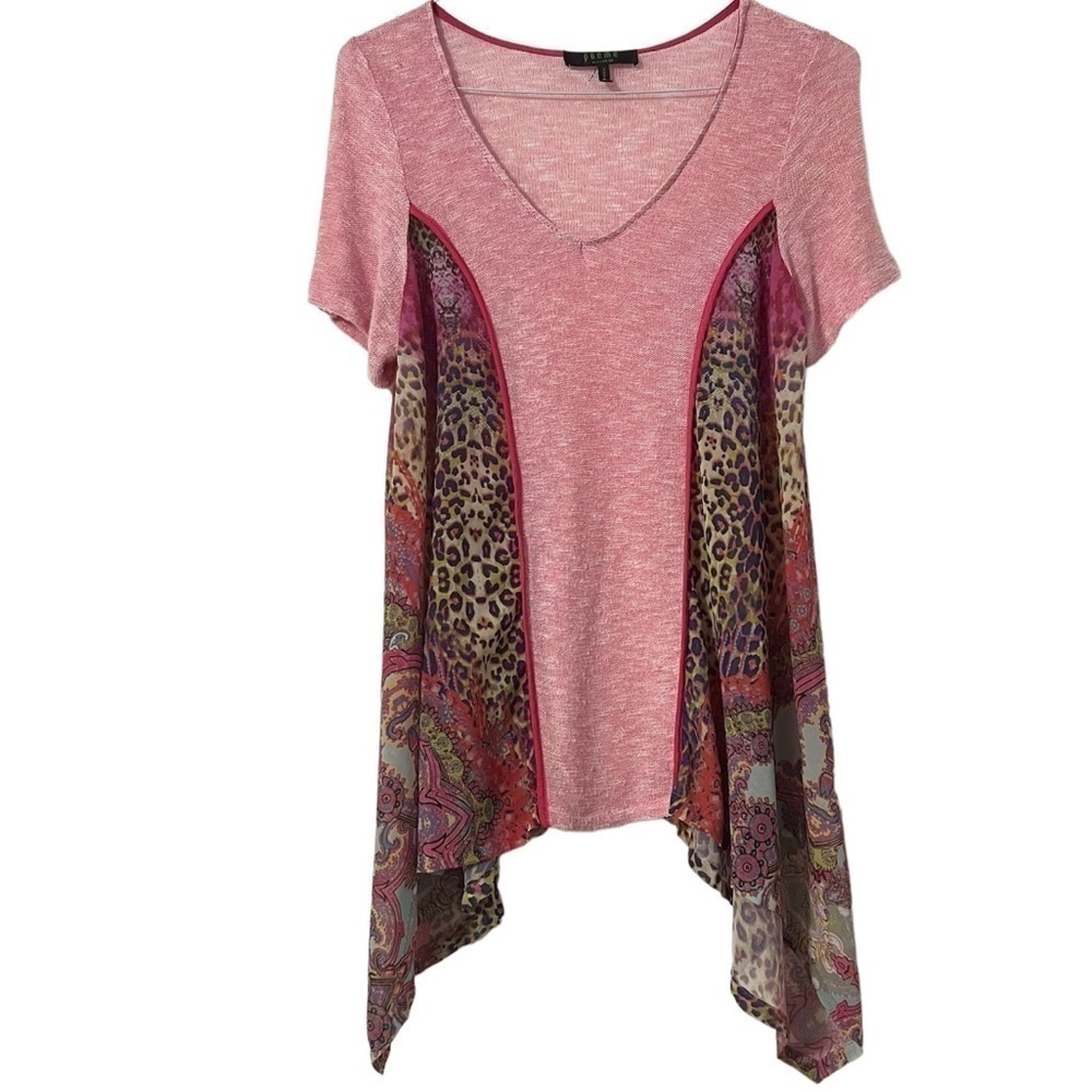 Poeme By Citron Mixed Media Animal Print Floral V-Neck Tunic Top Sz XL